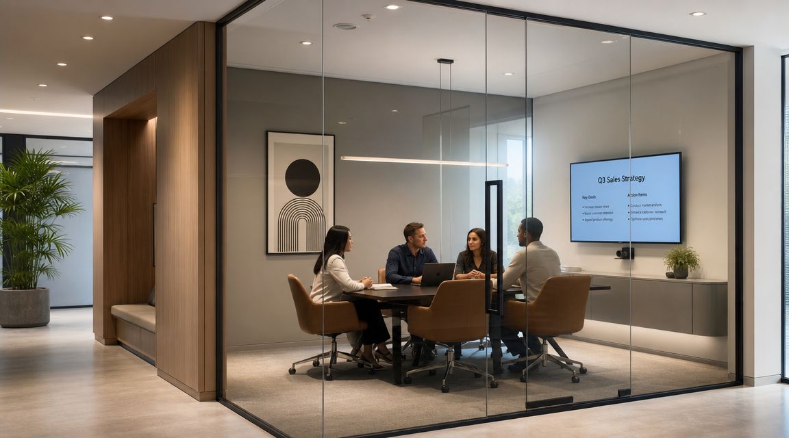A professional team holding a strategy meeting inside a modern glass-walled conference room at an office.