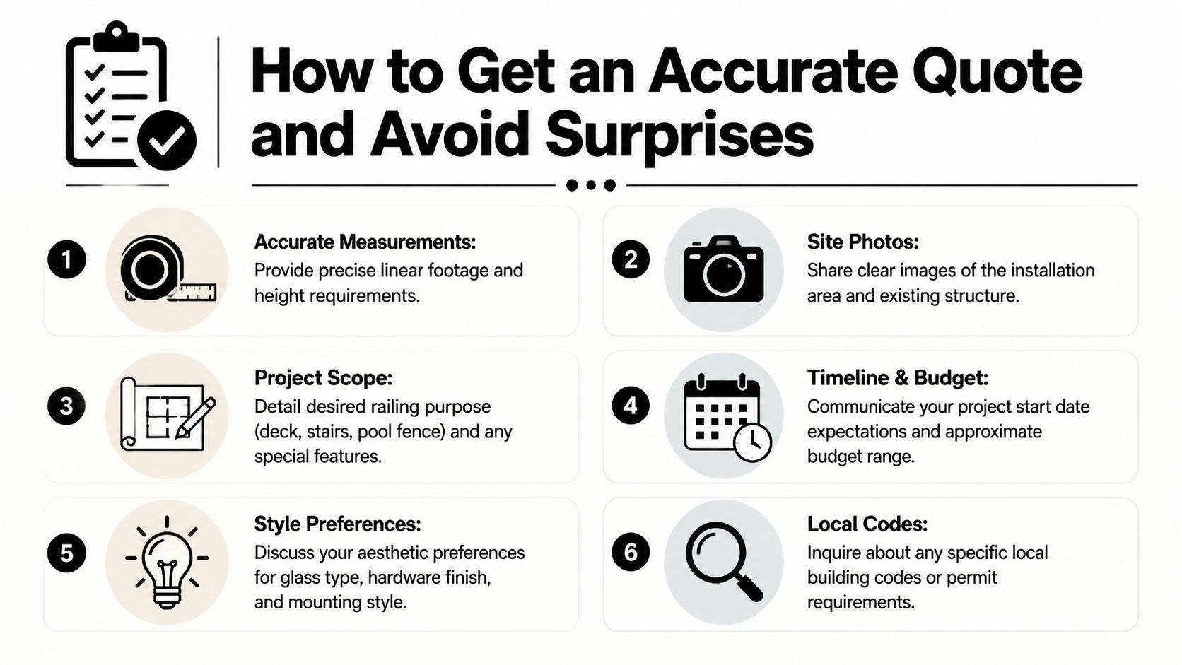 An infographic titled How to Get an Accurate Quote and Avoid Surprises detailing six essential preparation steps.