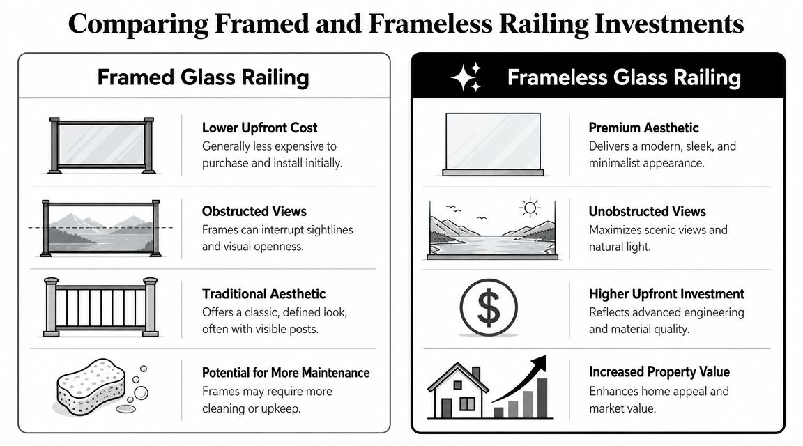 A comparison chart showing the differences between framed and frameless glass railing systems for residential properties.