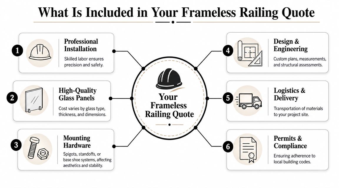 An infographic detailing the six key components included in a professional frameless glass railing project quote.