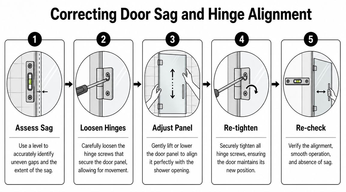 A five-step guide illustration showing how to correct sagging and adjust a frameless shower door panel.