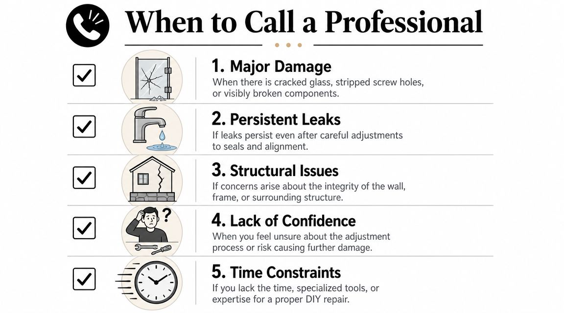 A list graphic outlining five key scenarios when homeowners should hire a professional for shower door repairs.
