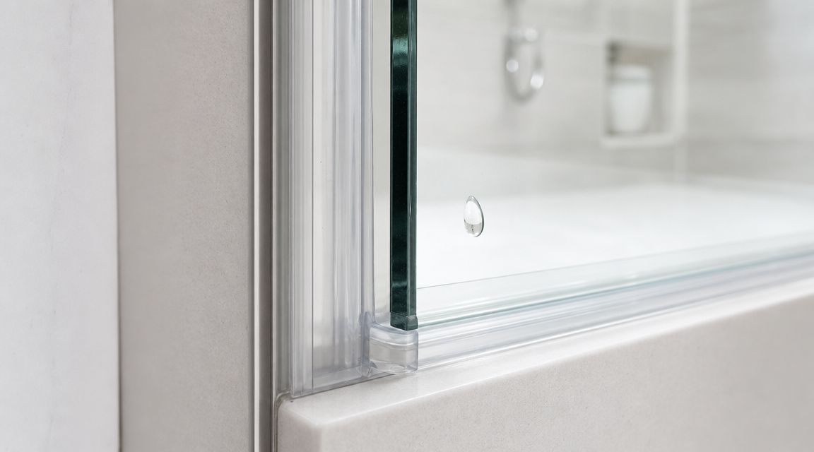 A close-up view of a glass shower door seal and frame detail on a marble surface.