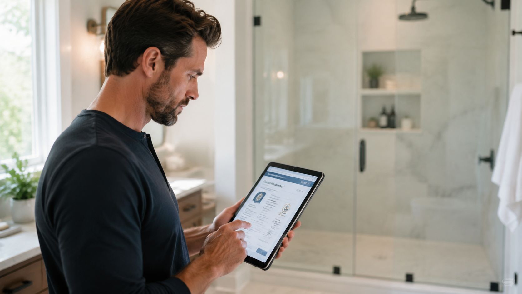 A man in a black shirt holds a tablet displaying a website while standing in a modern bathroom.