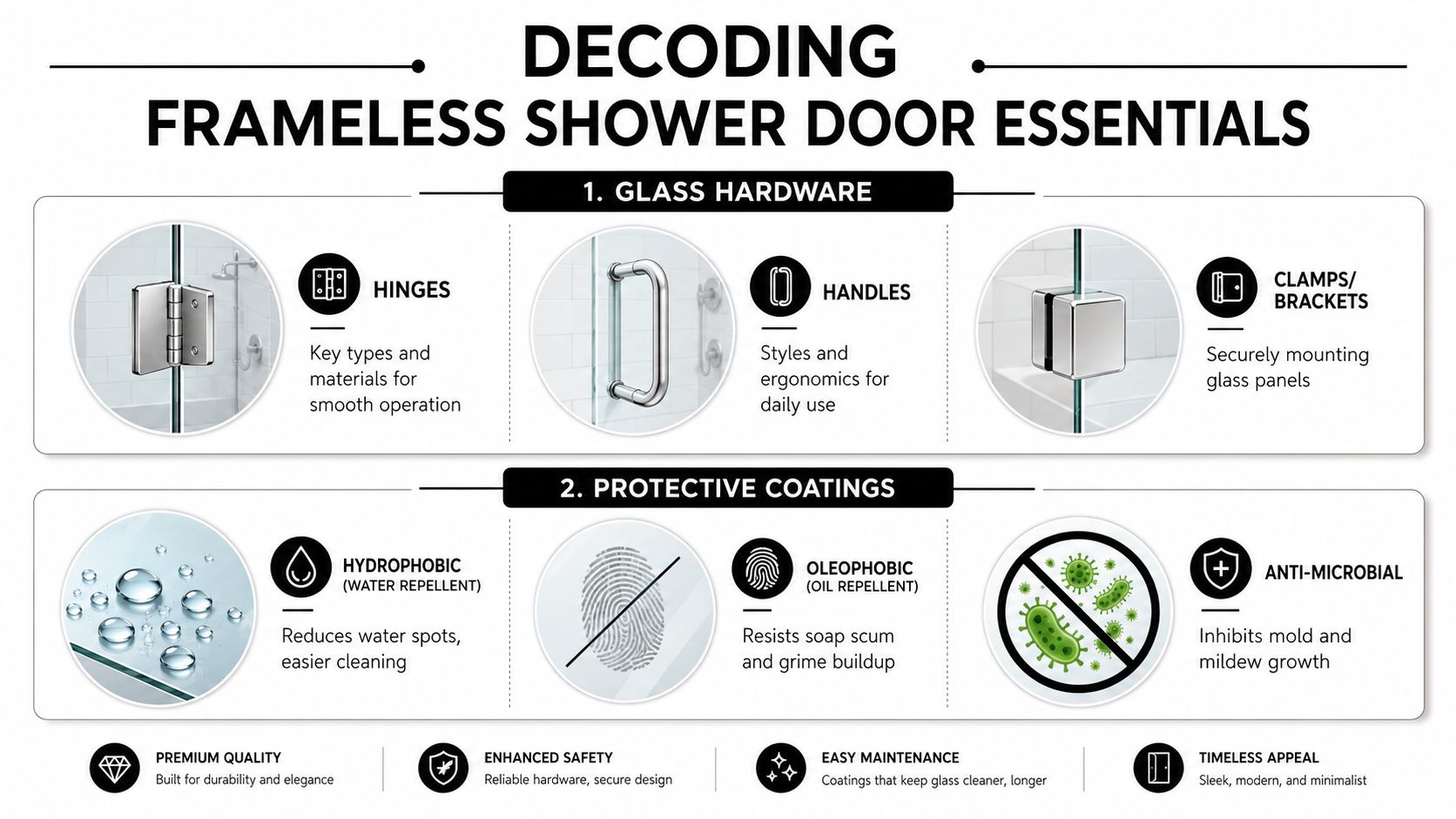 An infographic detailing essential components for frameless shower doors, including glass hardware and protective coatings.