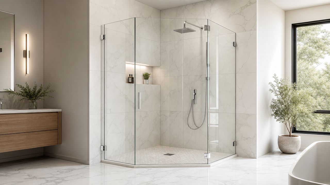 A luxurious bathroom featuring a modern, spacious walk-in frameless glass shower enclosure with white marble tiles.