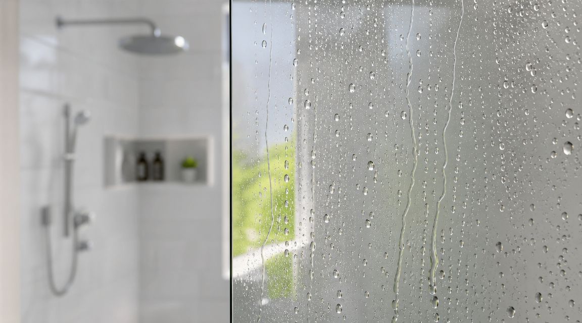 A close-up view of water droplets on a clear glass frameless shower door in a bathroom.