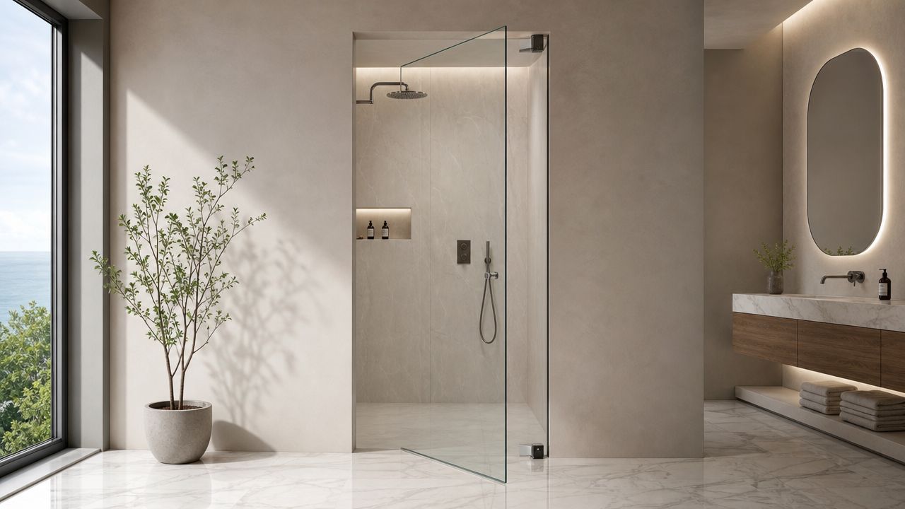 A modern minimalist bathroom featuring a sleek frameless glass shower door and elegant natural stone textures.