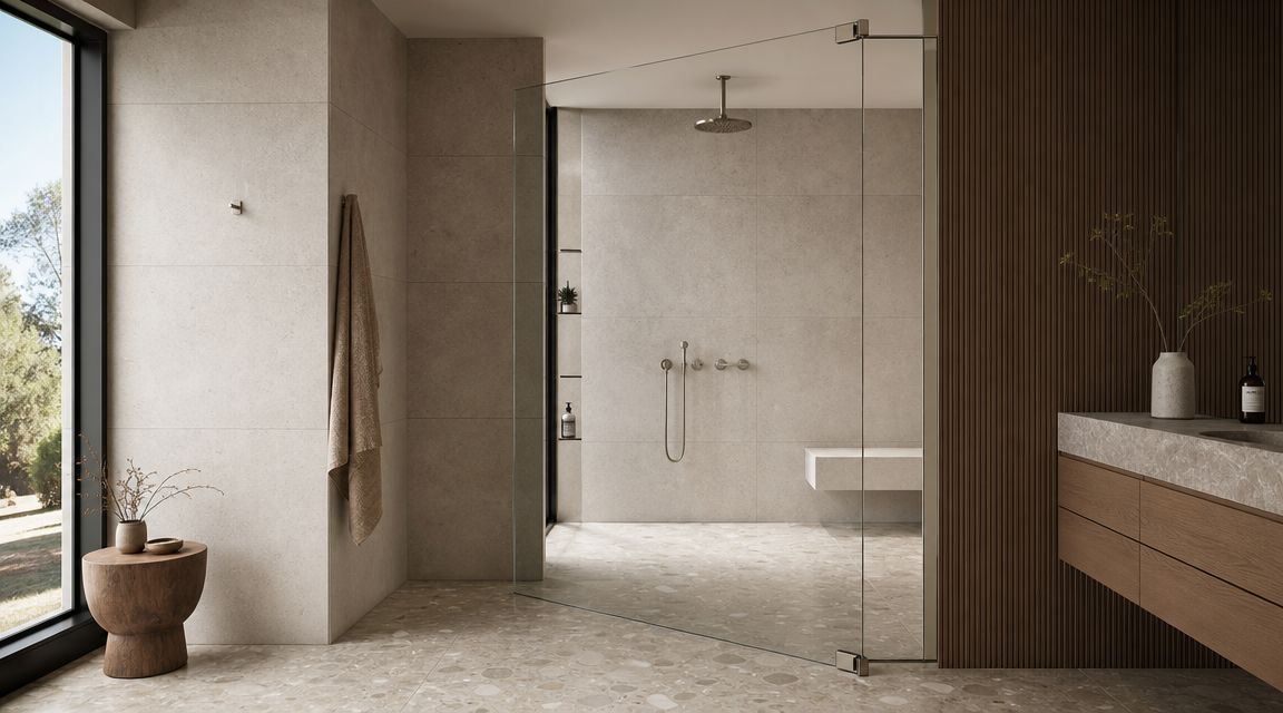 A modern luxury bathroom featuring a minimalist frameless glass shower enclosure and natural stone tile finishes.