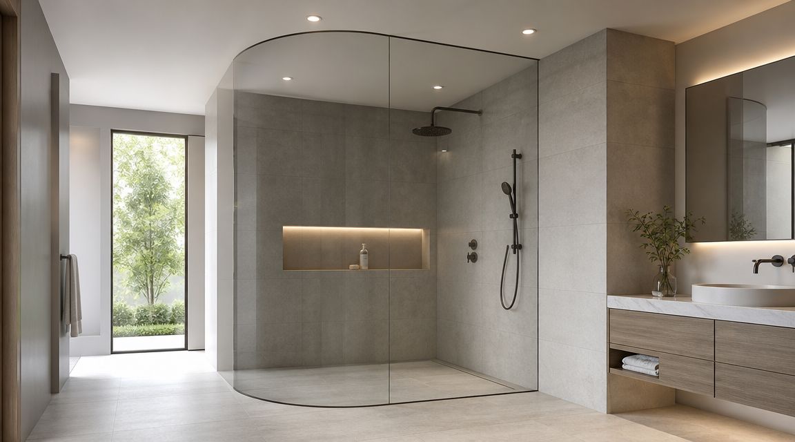 A modern minimalist bathroom featuring a spacious walk-in shower with a sleek curved frameless glass partition.