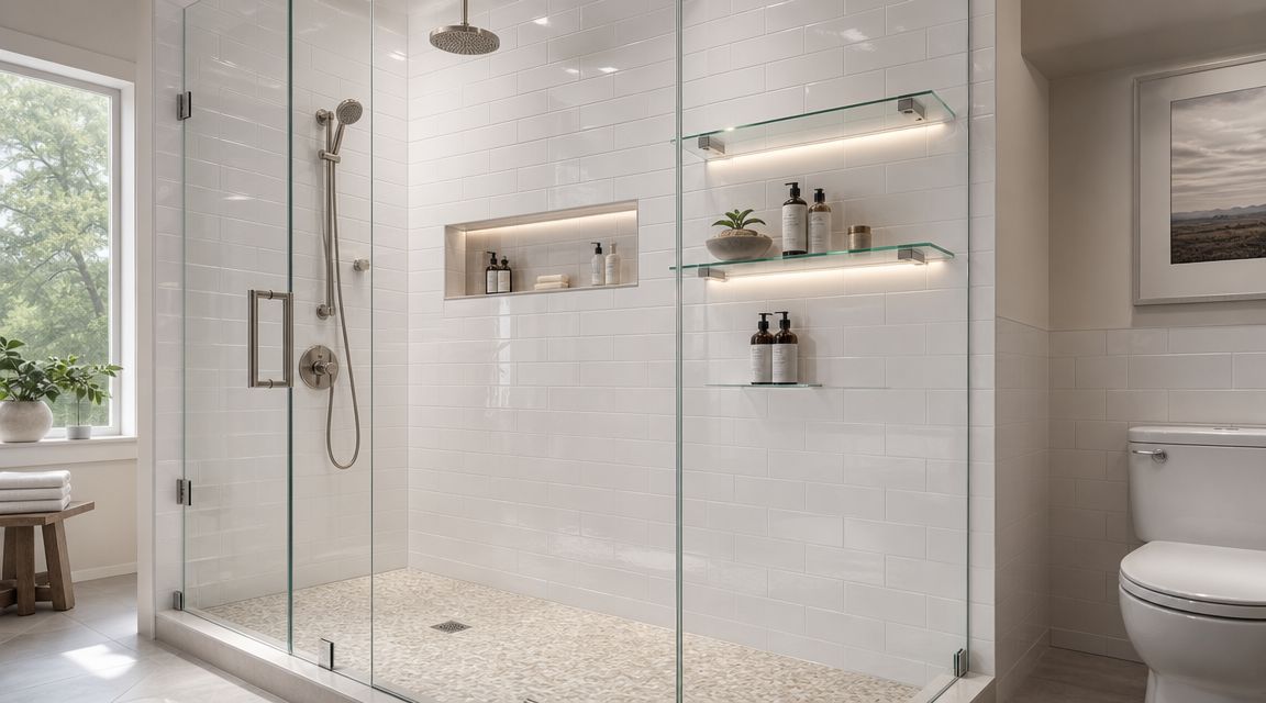 A modern walk-in shower with a frameless glass door, white subway tiles, and illuminated recessed shelving.