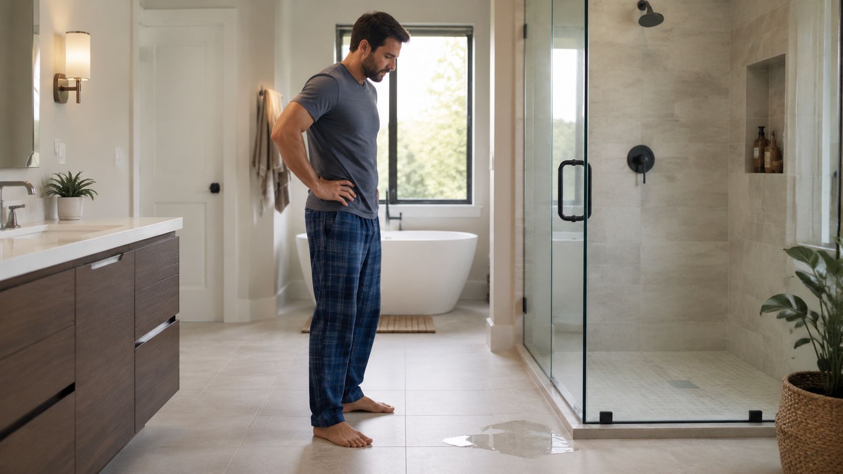 A man looking down in frustration at a water puddle leaking from his frameless glass shower door.