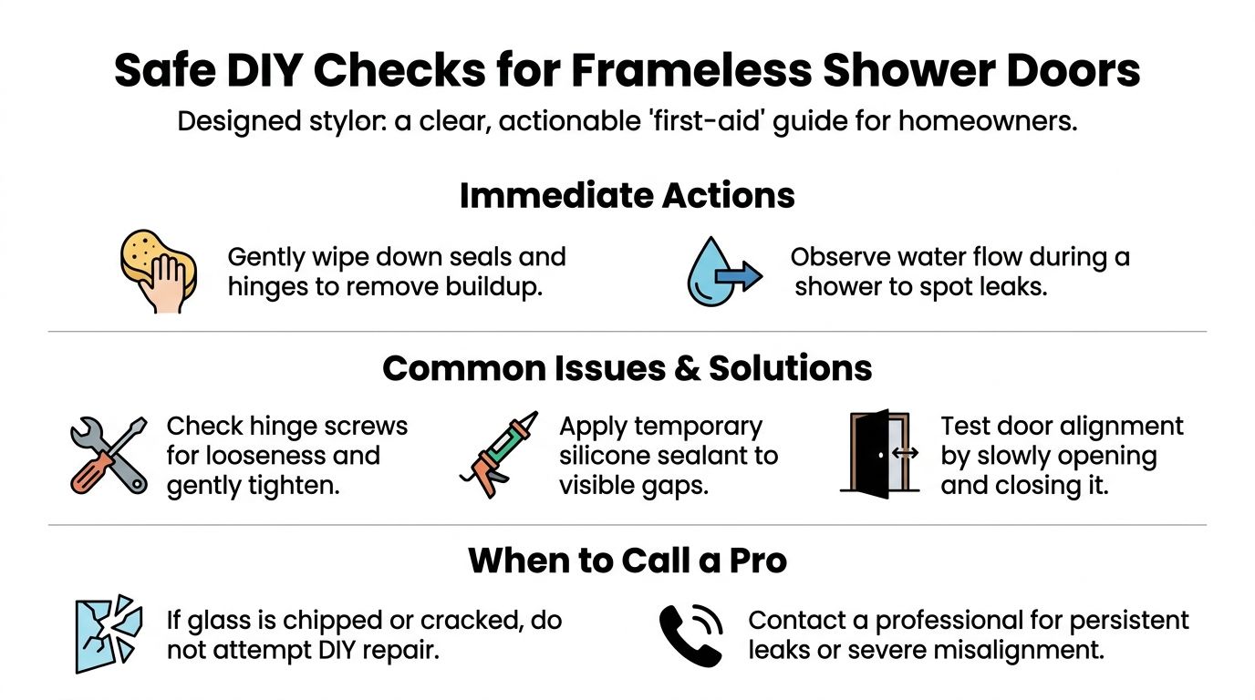 A helpful infographic showing safe DIY maintenance checks and common repair tips for frameless shower doors.