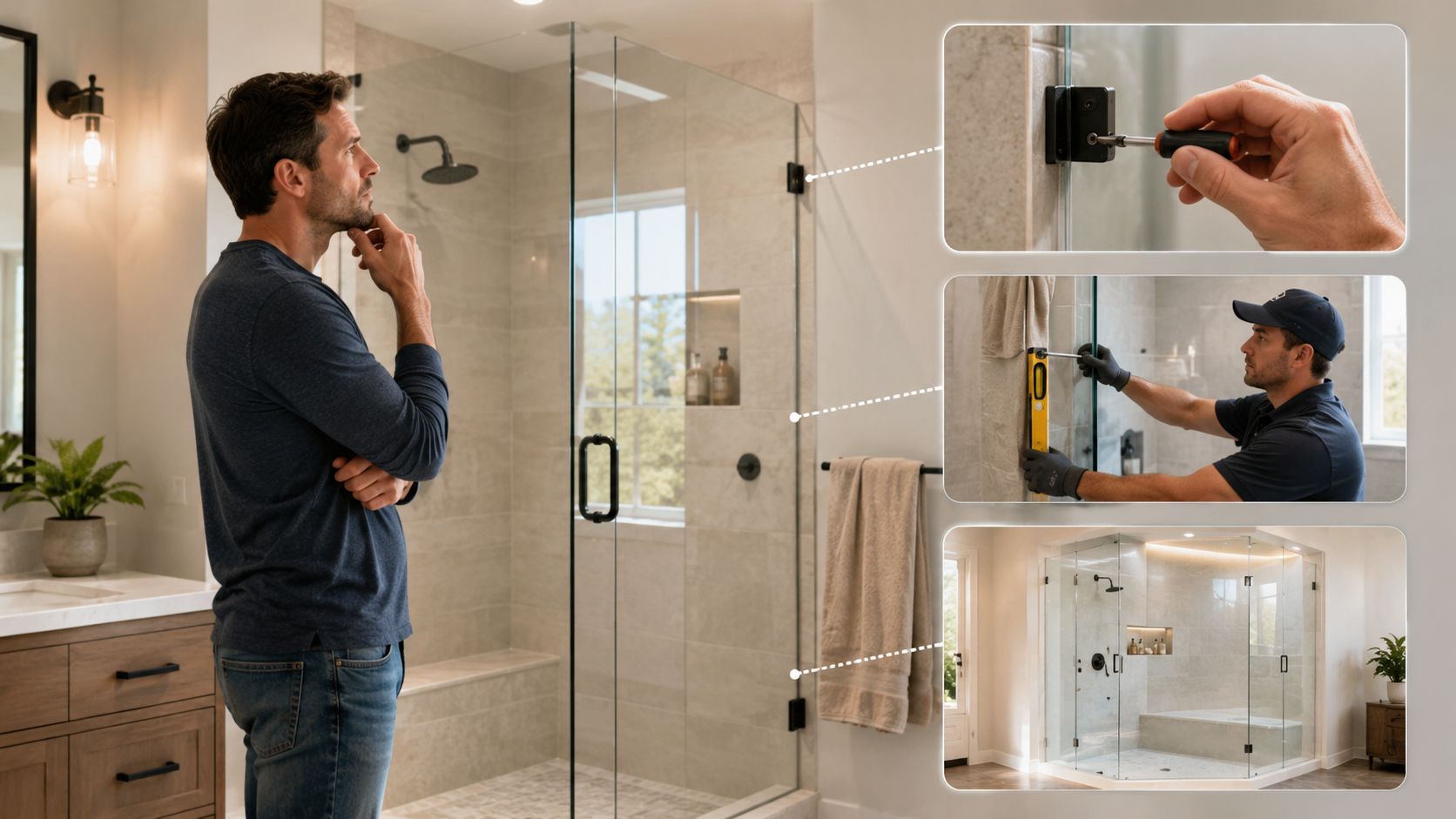 A man observing a frameless glass shower door with detail views of installation, leveling, and finished results.