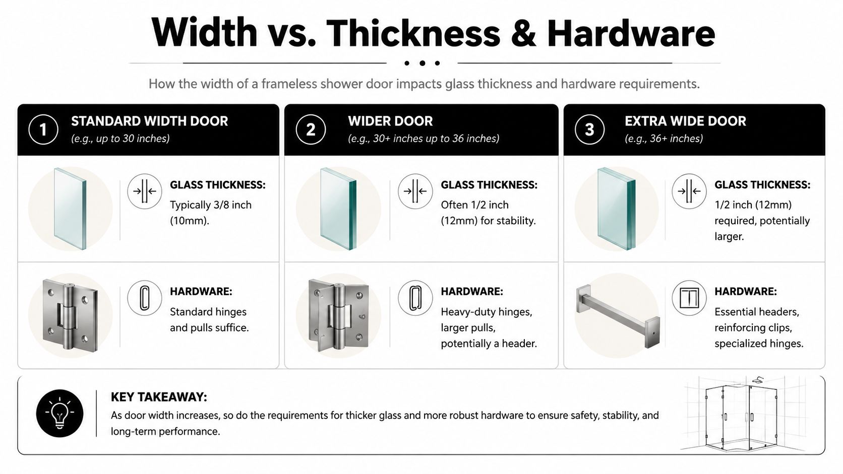 An infographic illustrating how frameless shower door width dictates necessary glass thickness and hardware requirements for safety.