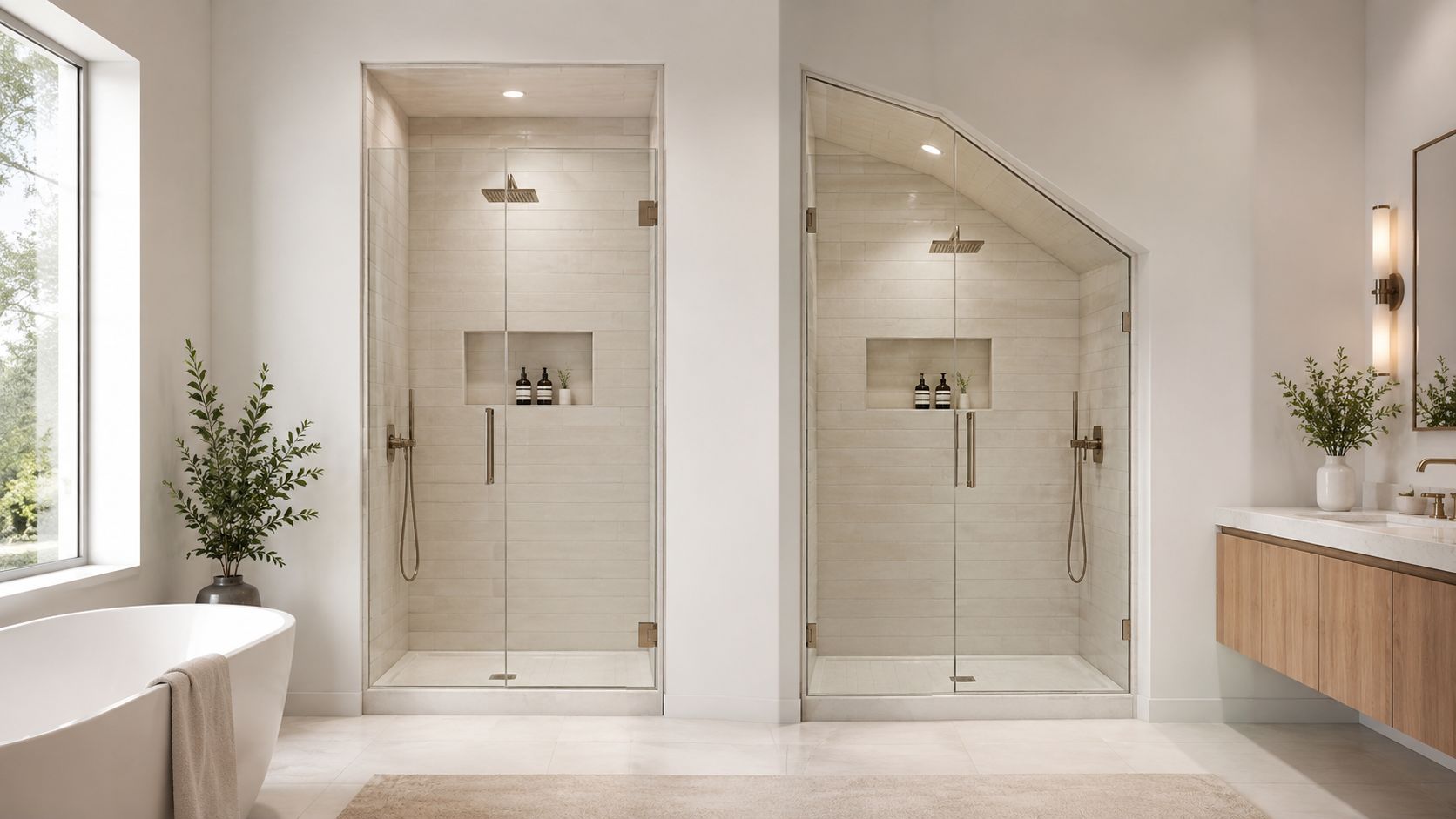 A modern bathroom featuring two separate frameless shower doors with a sleek design and light tile walls.