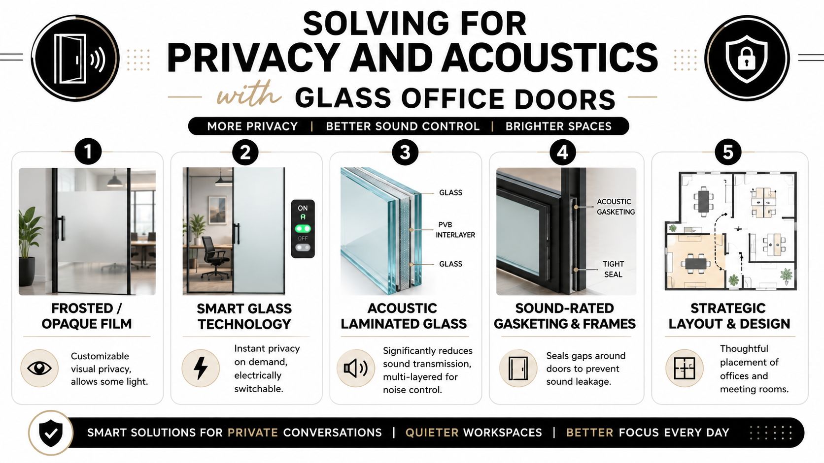 A professional infographic titled Solving for Privacy and Acoustics with Glass Office Doors, displaying five design solutions.