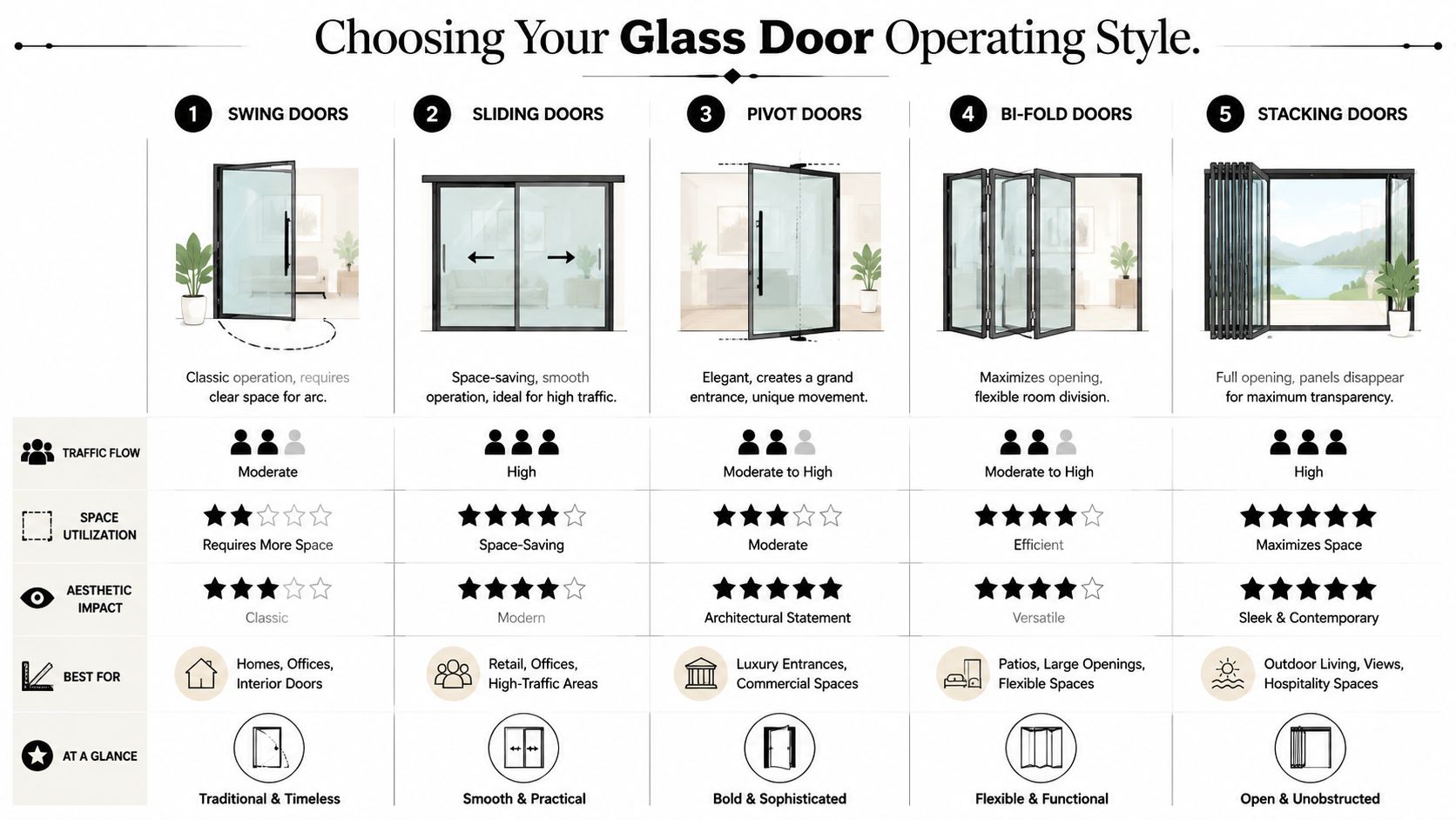 A comparison chart outlining five different glass door operating styles including swing, sliding, pivot, bi-fold, and stacking doors.