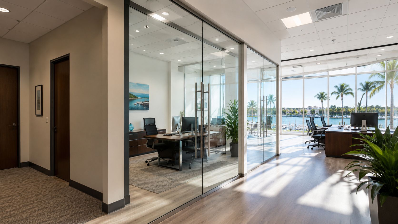 A modern office interior featuring glass partitions, wooden desks, and a scenic waterfront view with palm trees.