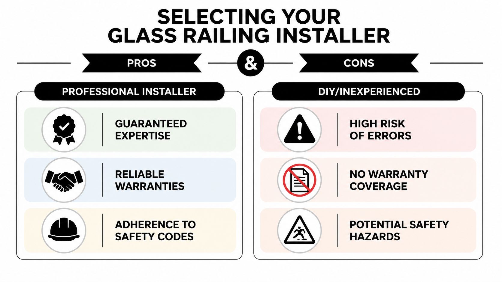 A comparison chart outlining the pros of professional glass railing installation versus the cons of DIY installation.