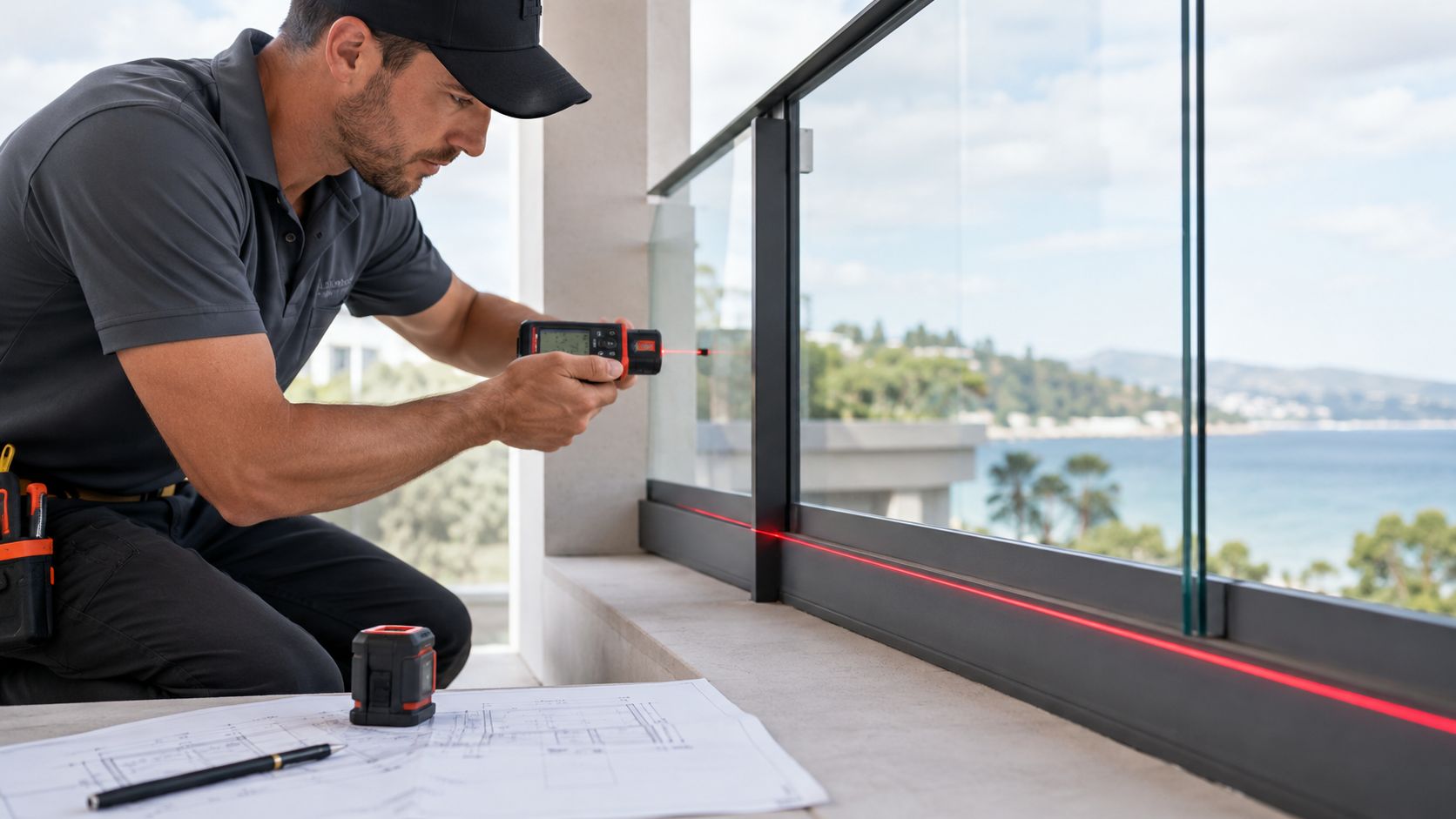 A professional technician using a laser measuring tool to install a modern glass railing on a balcony.