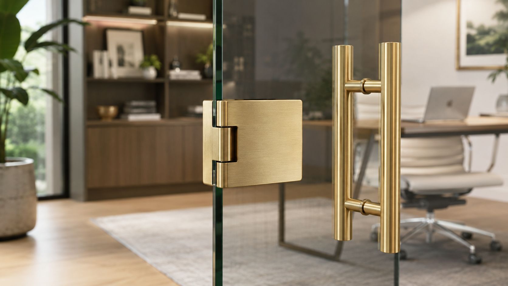 A close-up view of a luxury brushed brass door handle and hinge on a glass office wall.