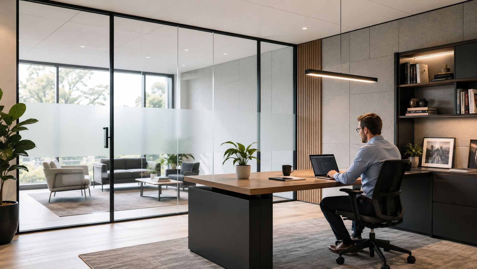 A professional man works on a laptop in a modern office with sleek glass walls and furniture.