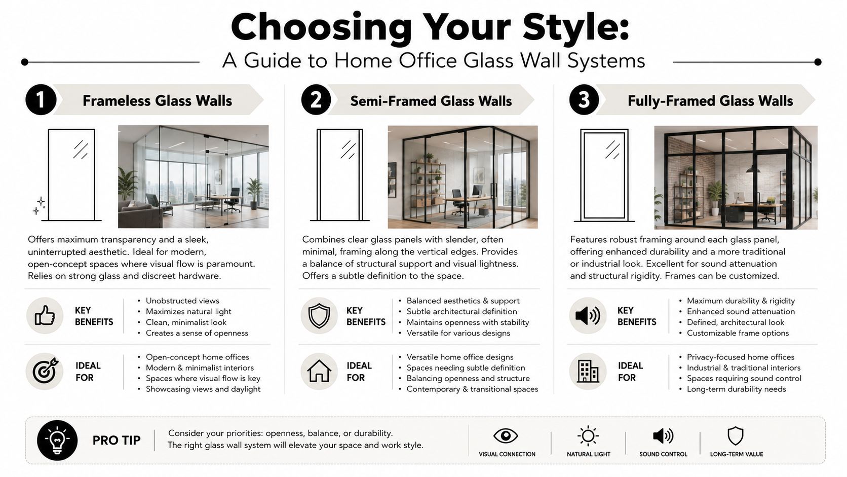 A comparison guide for choosing frameless, semi-framed, and fully-framed glass wall systems for home offices.