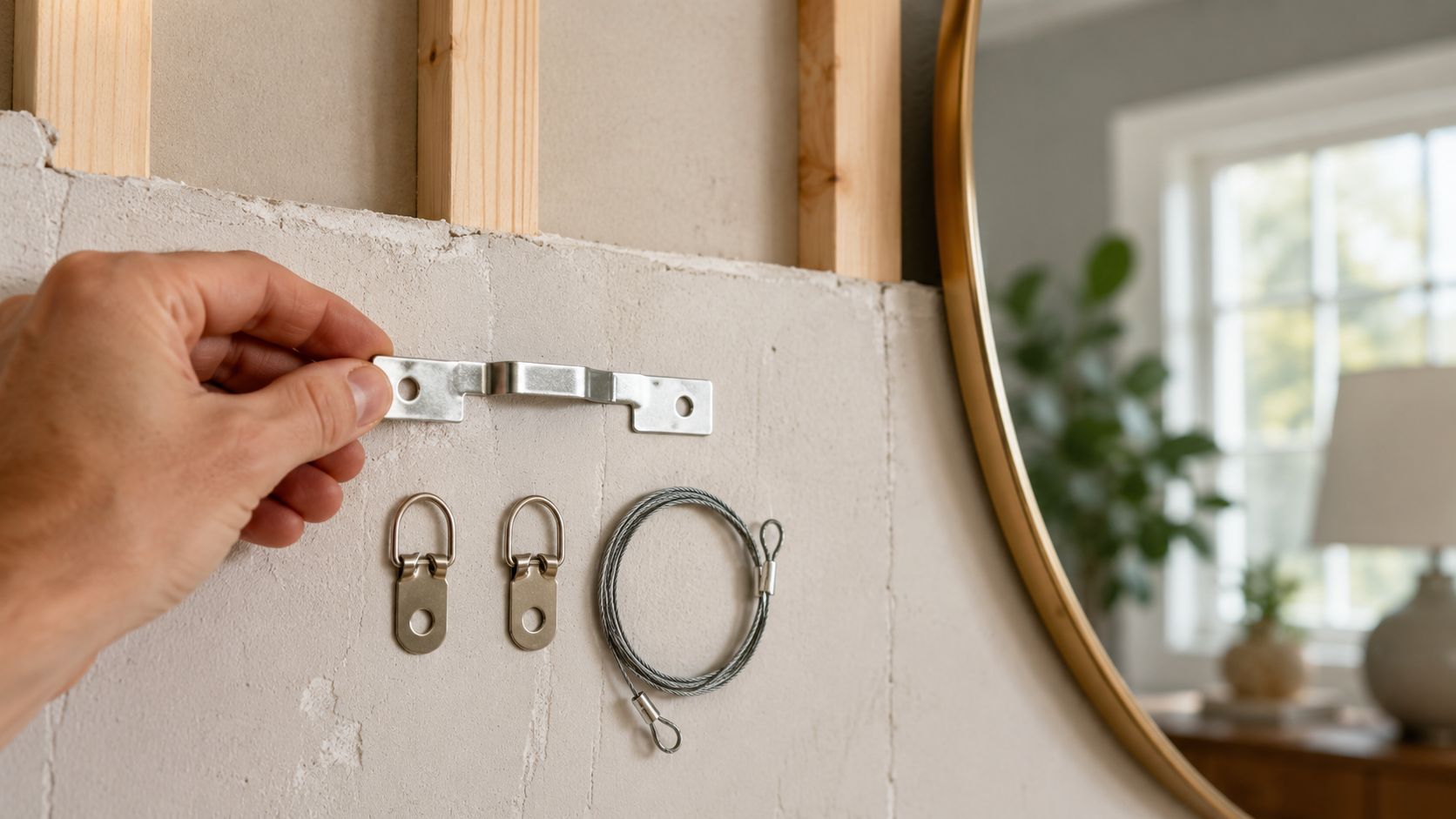 A hand holding a mounting bracket next to two D-ring hooks and a steel hanging wire.