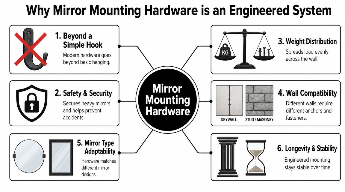 An infographic titled Why Mirror Mounting Hardware is an Engineered System highlighting its key functional benefits.