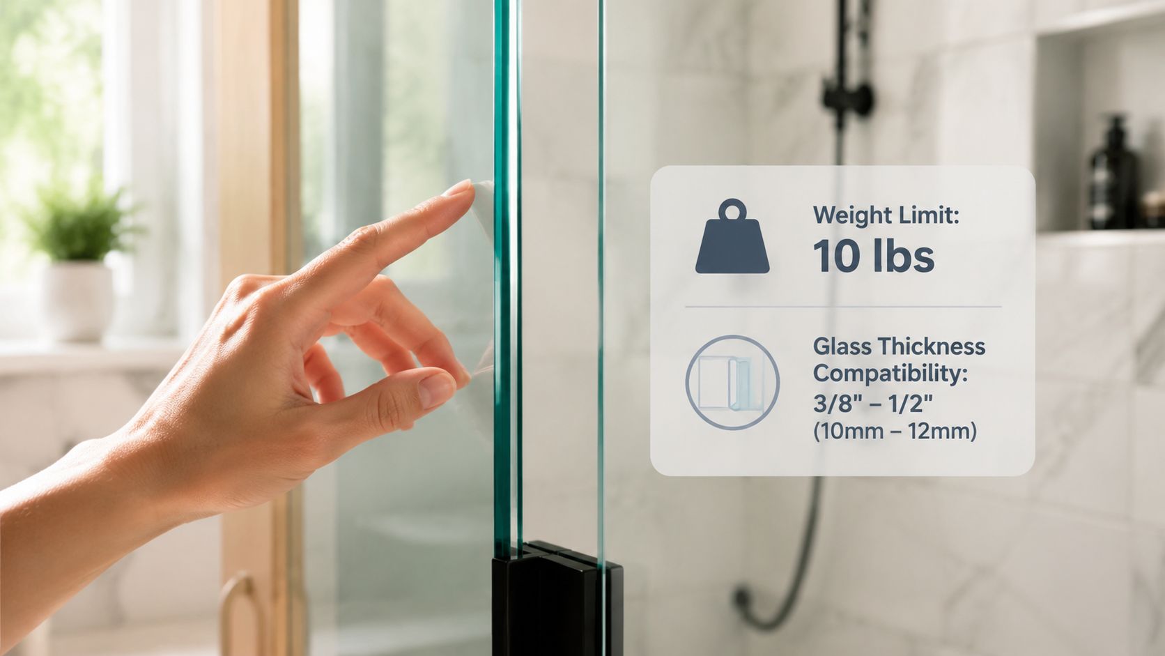 A hand touching a glass shower door with a product overlay showing weight and thickness compatibility.