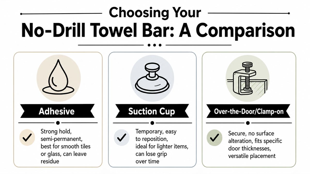 A comparison chart explaining the pros and cons of adhesive, suction cup, and clamp-on towel bars.