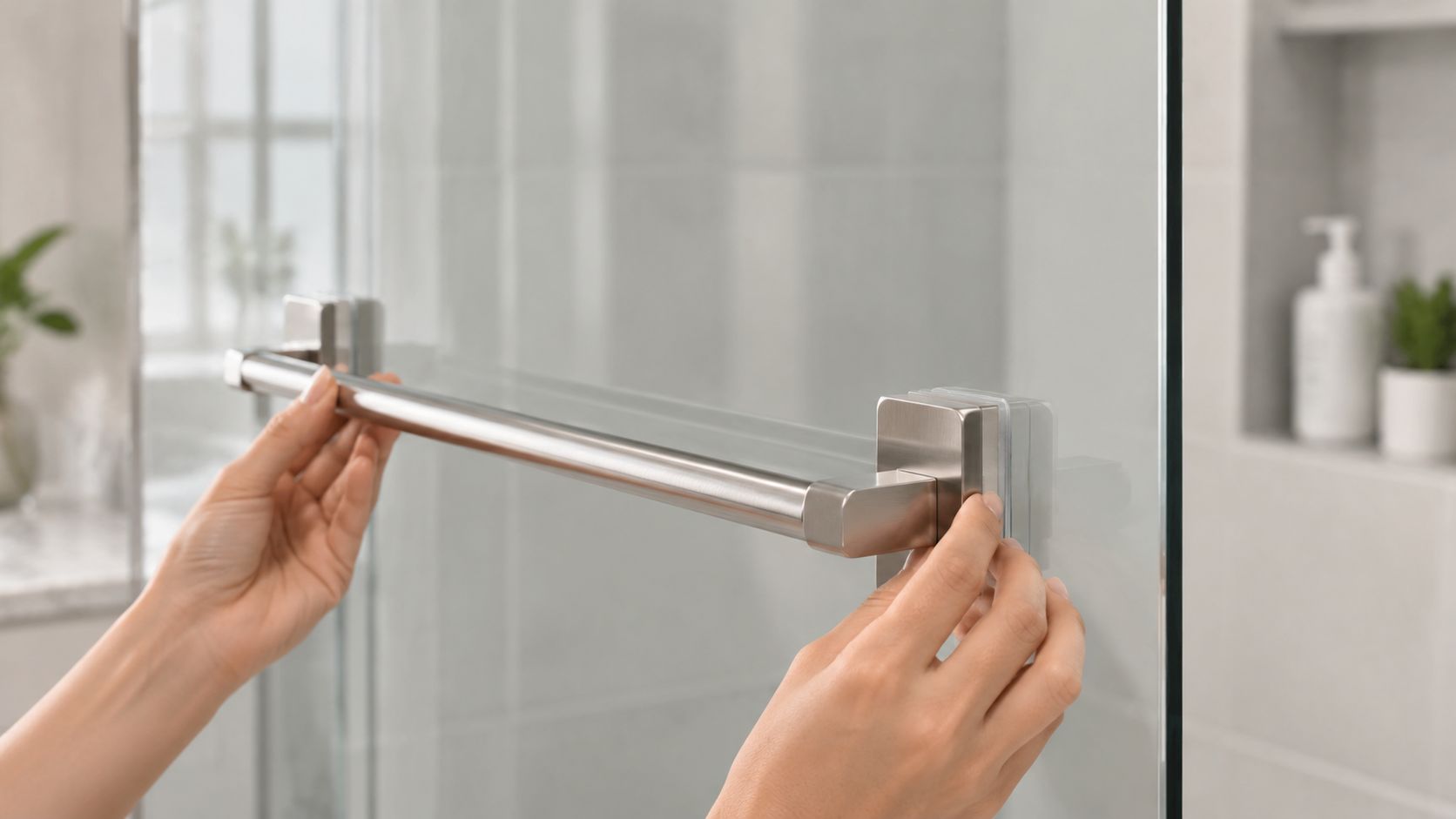 A person installing a sleek stainless steel towel bar onto a frameless glass shower door.