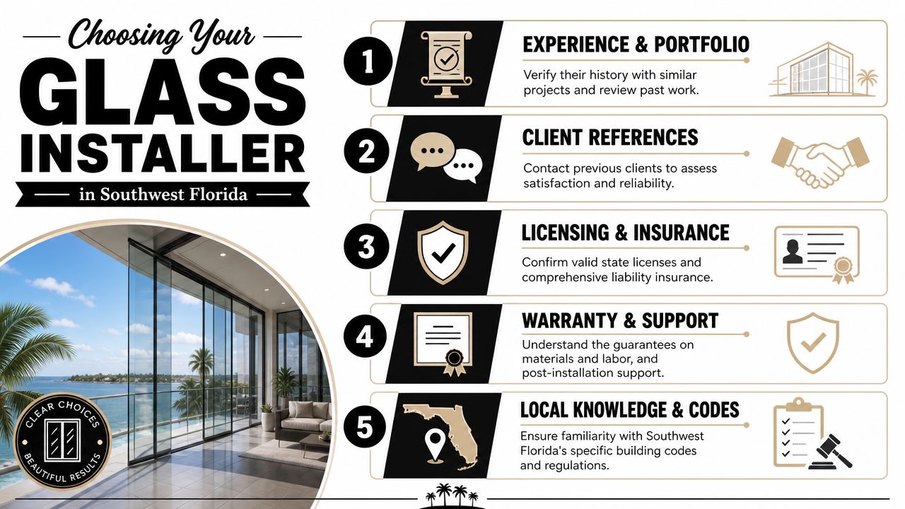 An infographic detailing five key steps to select a professional glass installer in Southwest Florida.