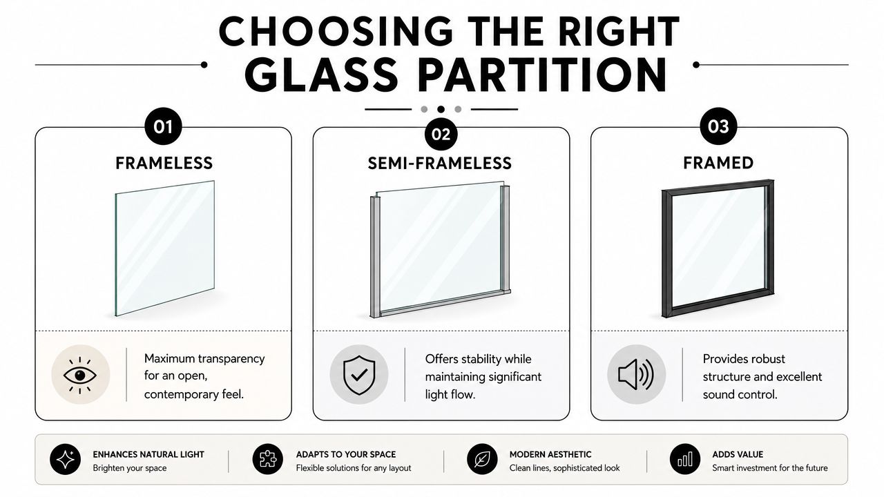 An infographic comparing frameless, semi-frameless, and framed glass partition styles for office or home interior design.
