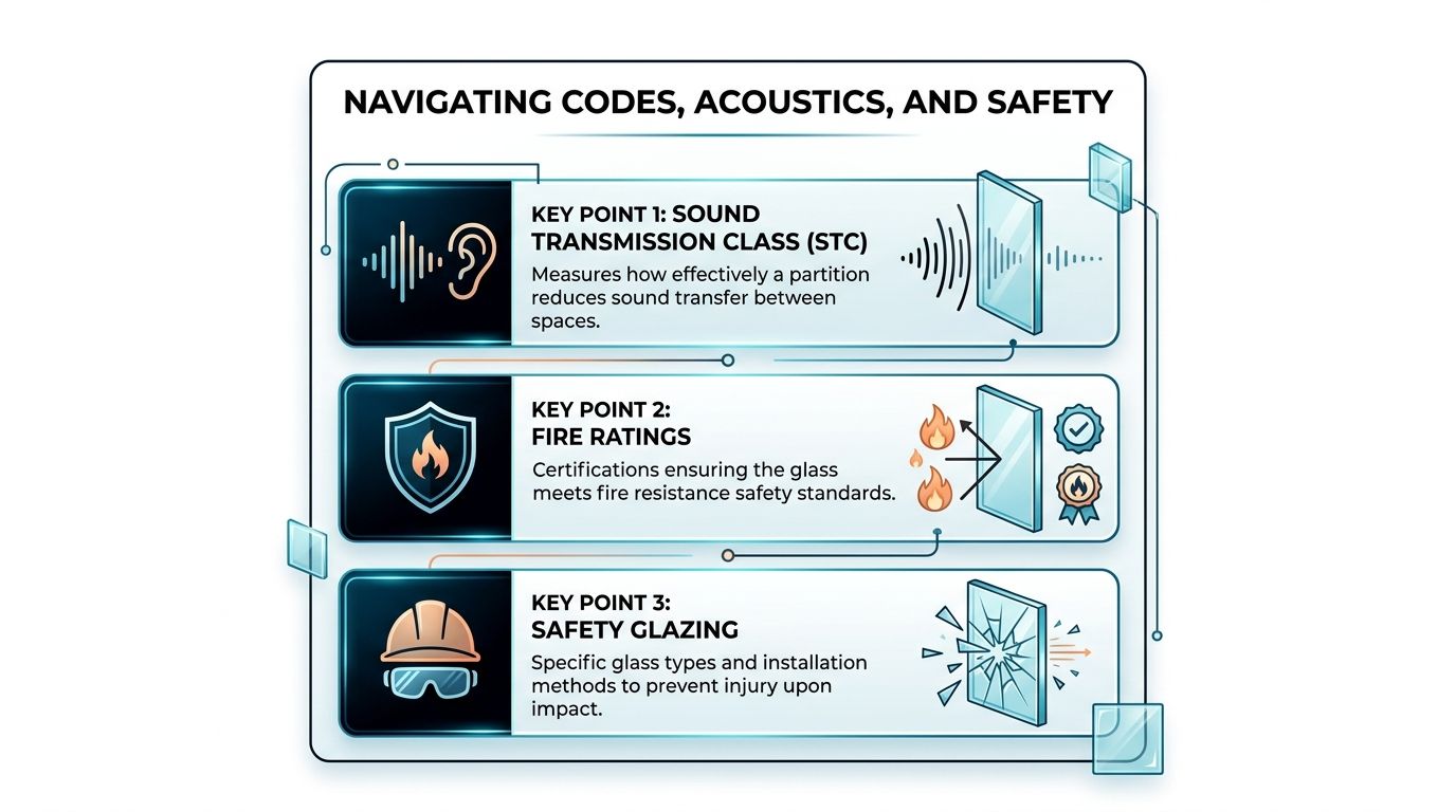 An infographic titled Navigating Codes, Acoustics, and Safety explaining STC, fire ratings, and safety glazing for glass partitions.