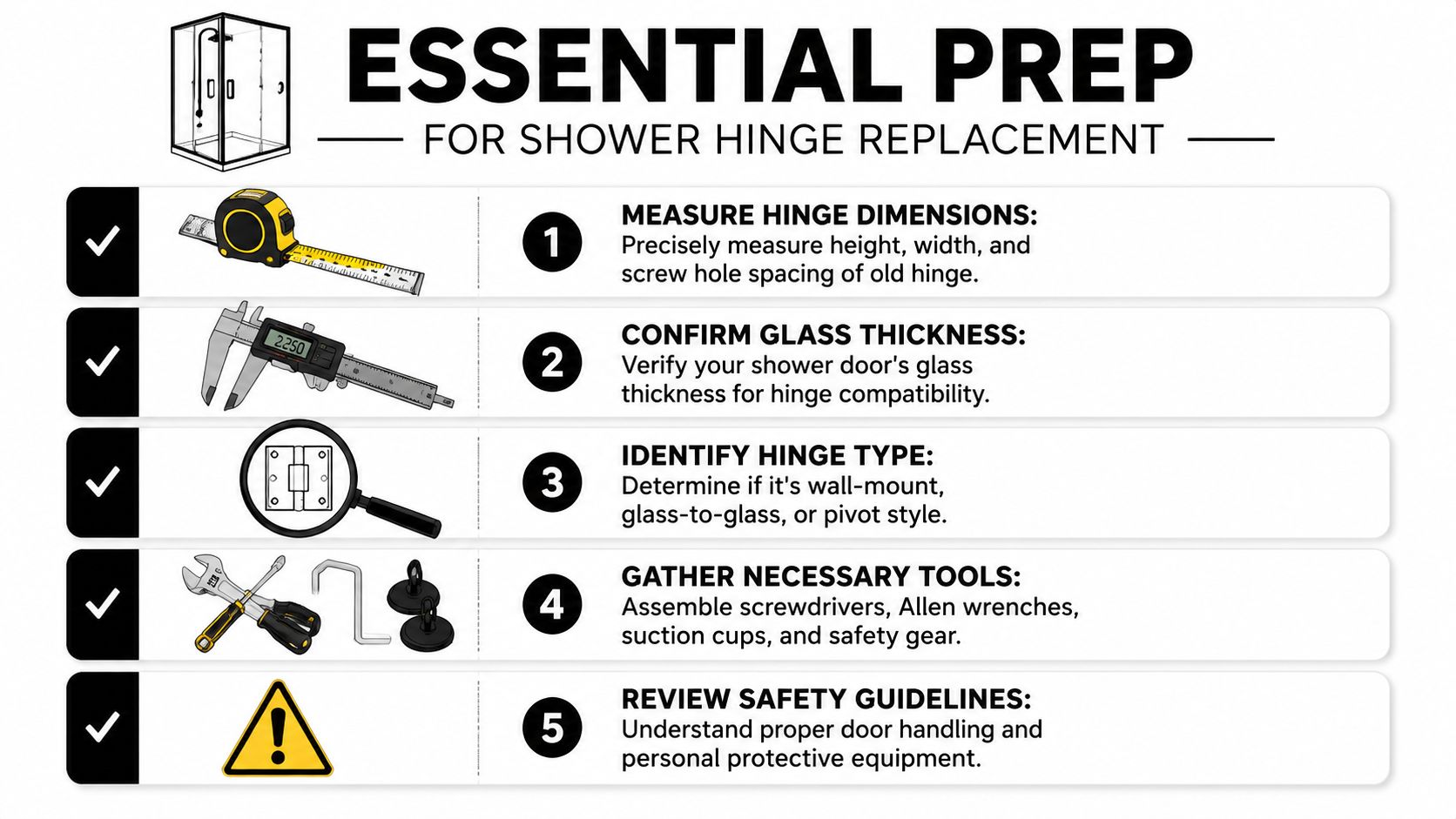A step-by-step infographic showing essential preparation tasks for replacing a shower door hinge.