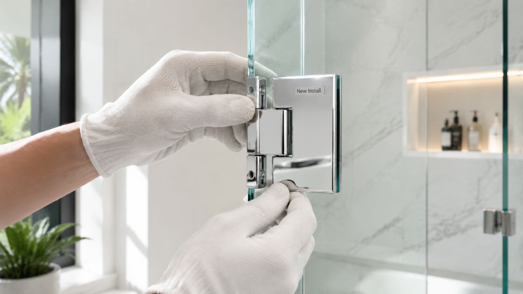 A professional installer wearing white gloves installs a polished chrome shower door hinge on glass.