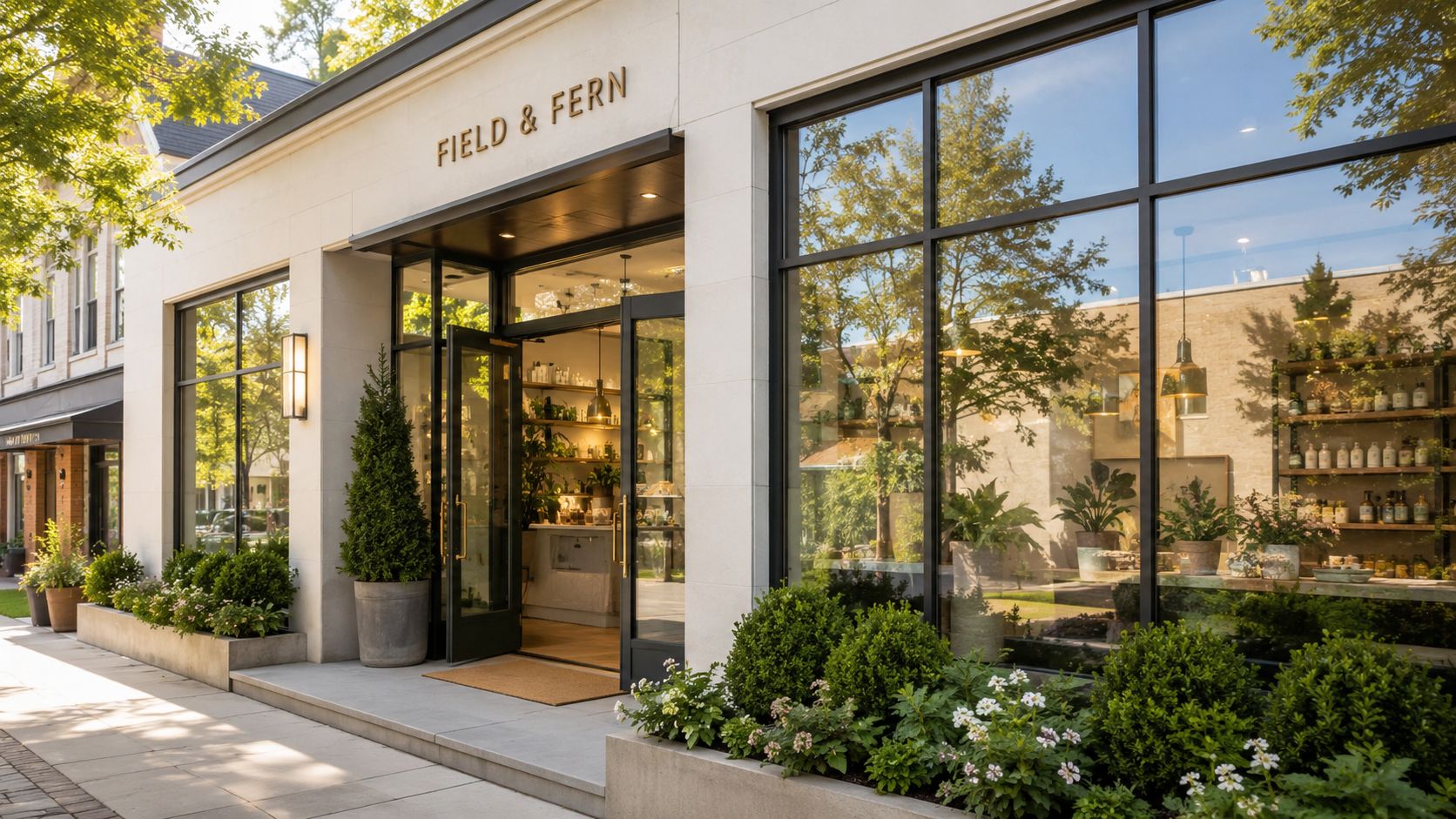 A modern storefront for Field and Fern featuring expansive glass windows and lush greenery in containers.