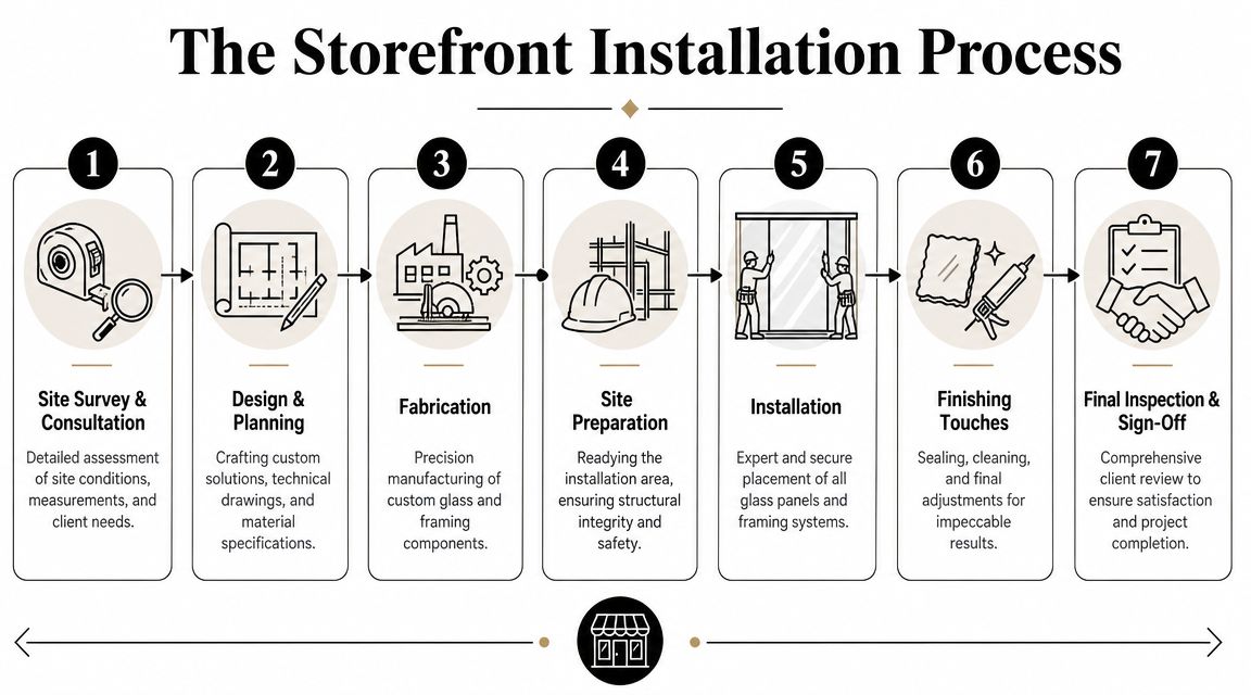 A flowchart showing the seven-step storefront glass installation process from site survey to final sign-off.