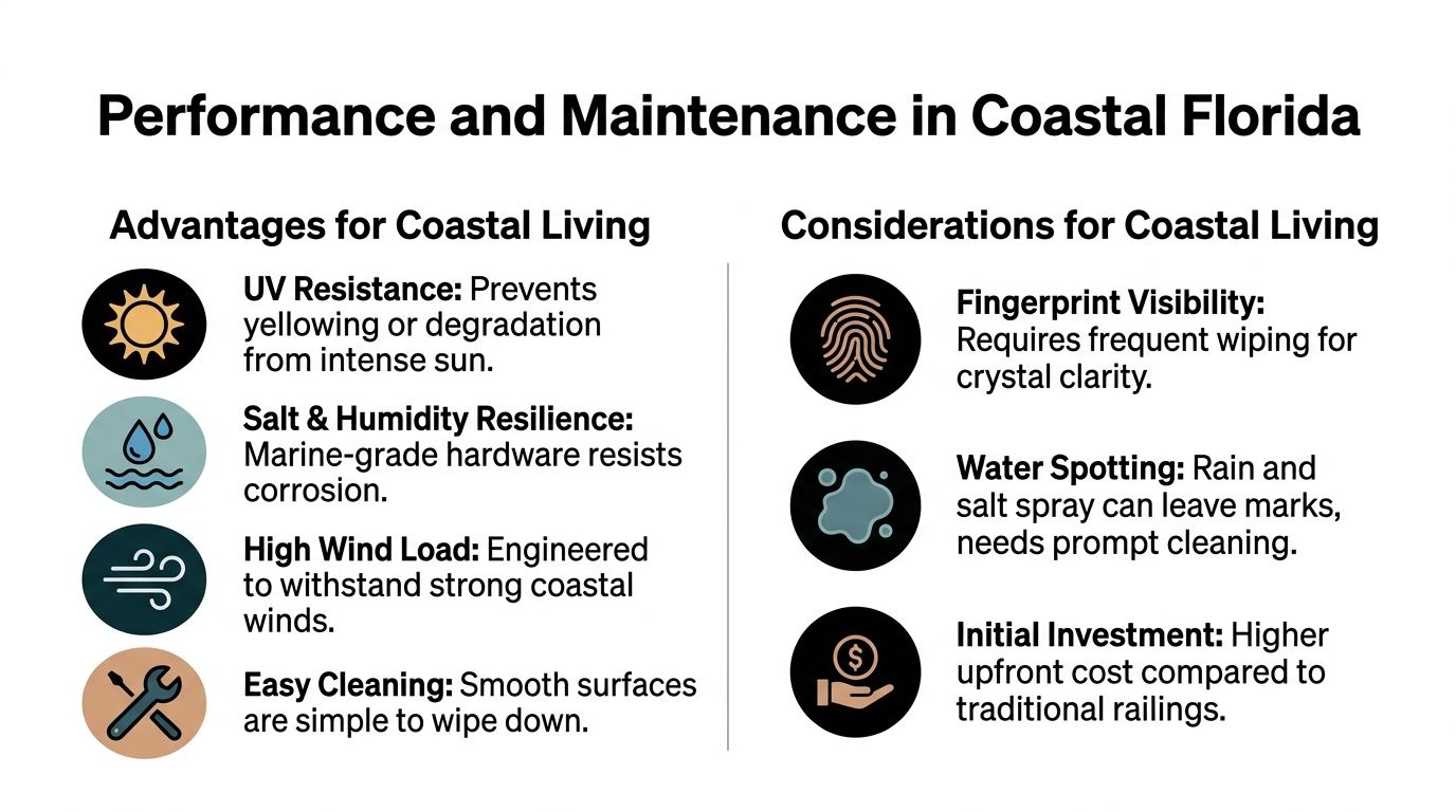 An infographic detailing the benefits and considerations of using tempered glass railing systems in coastal Florida environments.