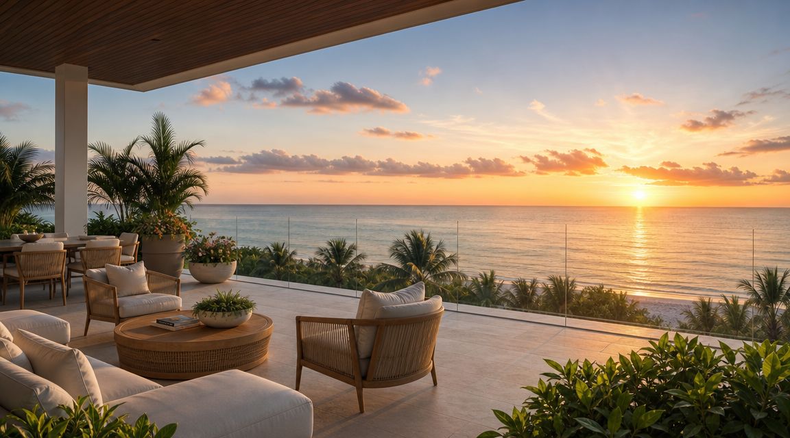 A luxurious balcony with tempered glass railing systems overlooking a tropical sunset view over the ocean.