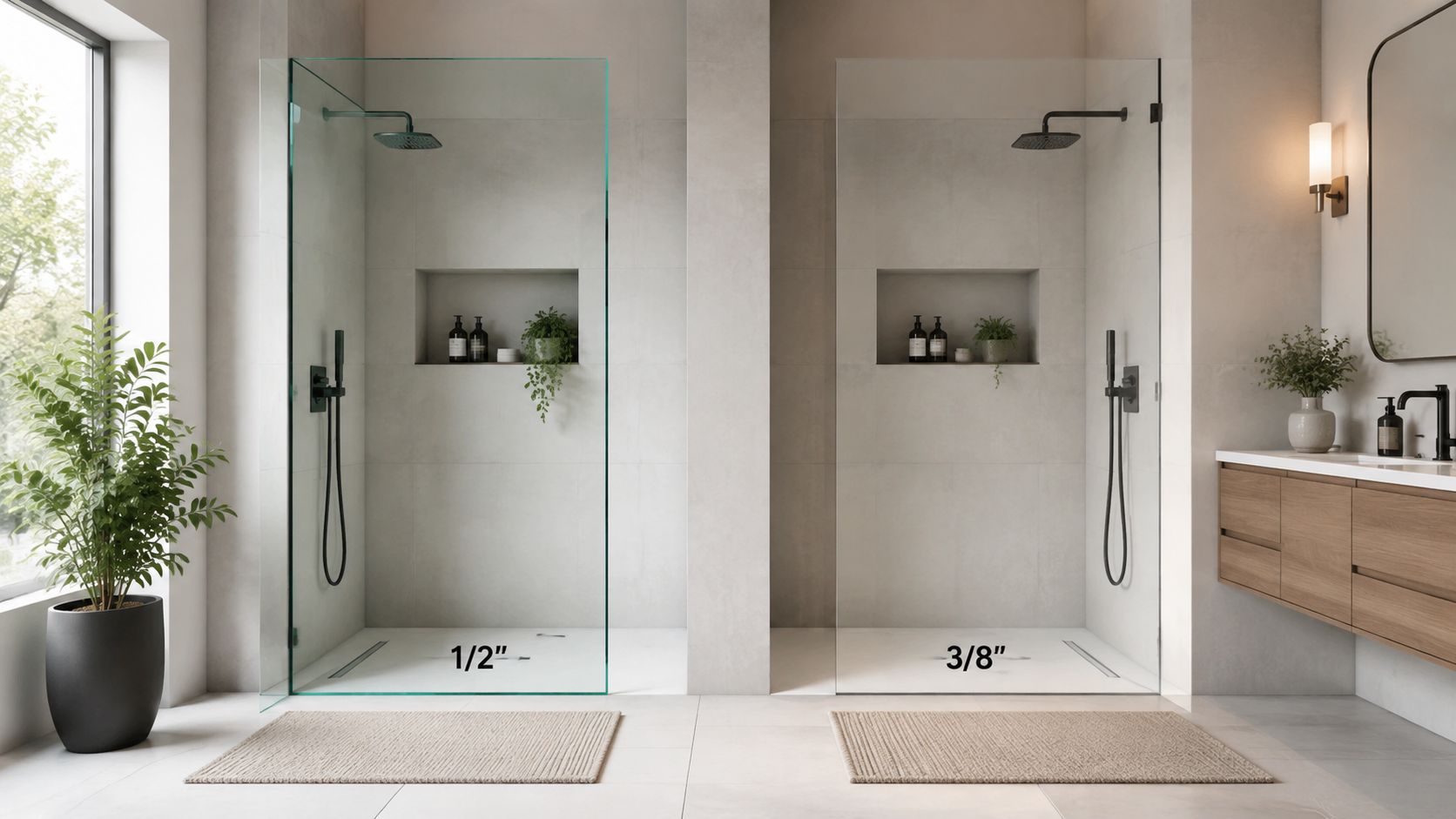 A modern bathroom comparing two shower stalls with tempered glass panels of different thicknesses, 1/2 inch and 3/8 inch.