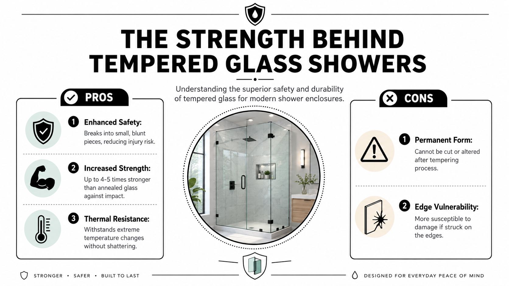 An infographic detailing the pros and cons of using tempered glass for modern shower enclosures.