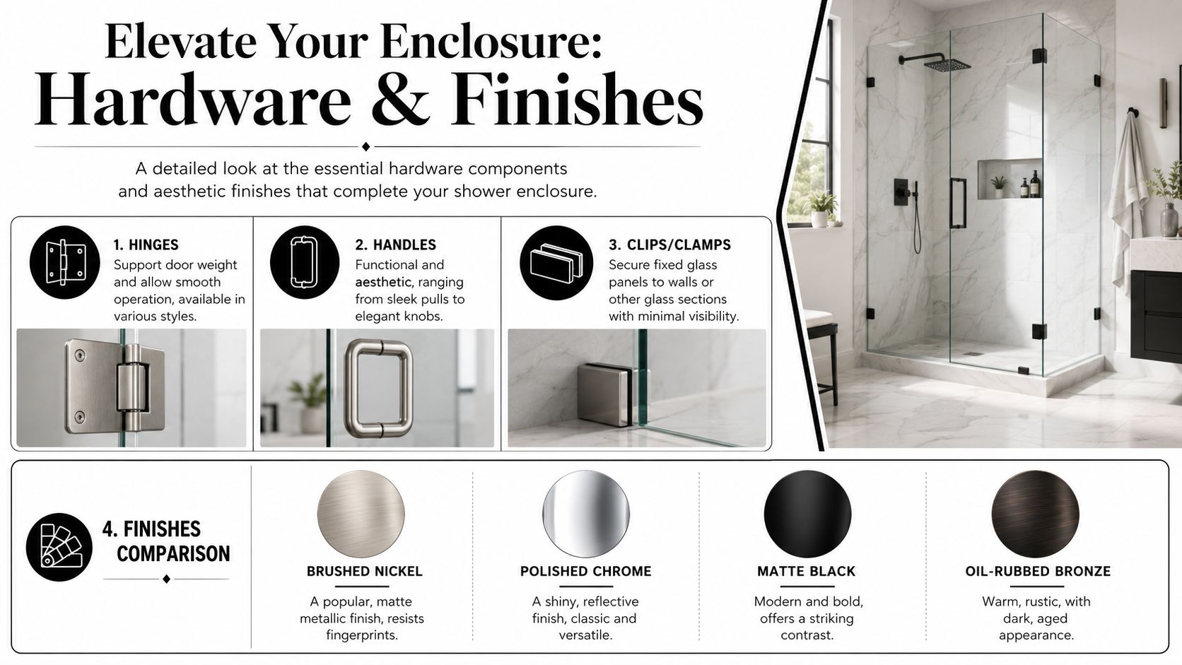 A guide detailing various hardware components like hinges, handles, clips, and finishes for tempered glass shower enclosures.