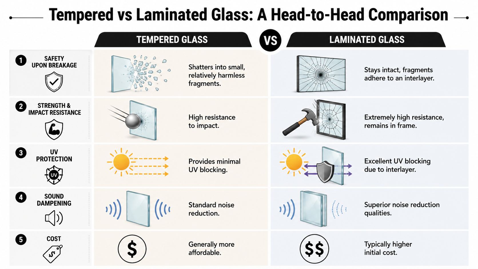 A comparison chart showing the differences between tempered glass and laminated glass across five key categories.