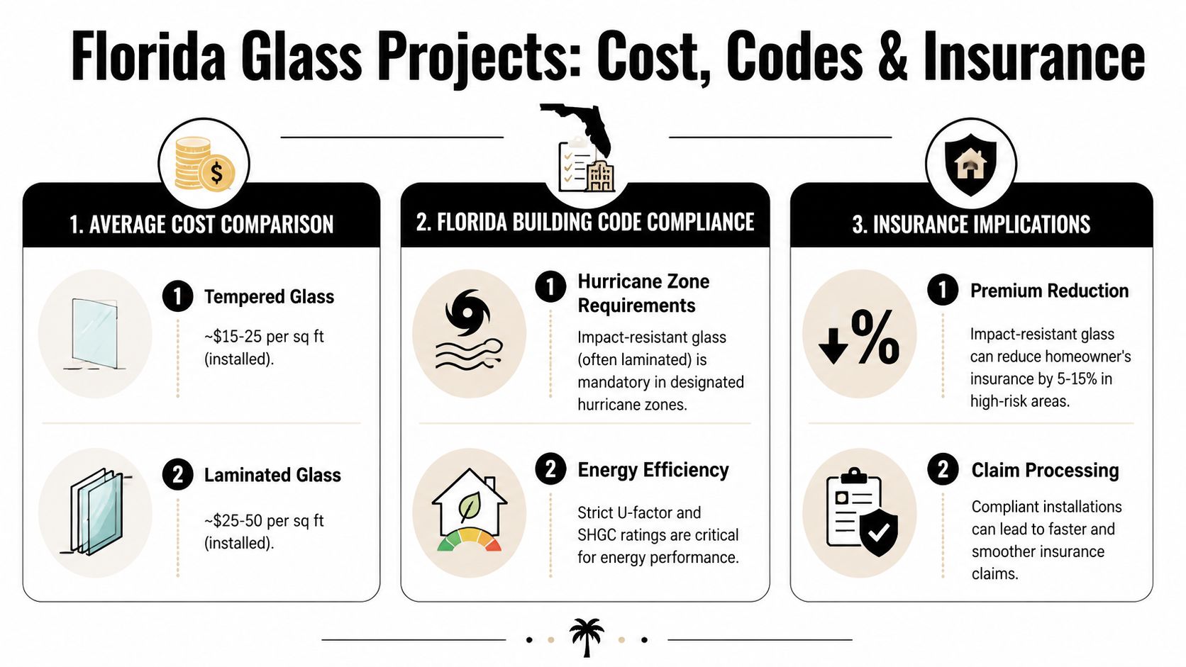 An infographic showing cost comparisons, Florida building code compliance, and insurance benefits for tempered versus laminated glass projects.