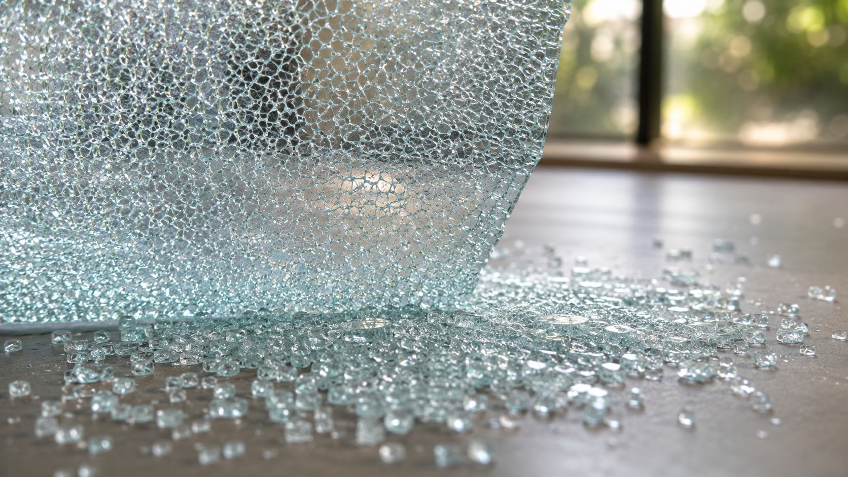 A sheet of tempered glass shattered into small, pebble-like pieces on a wooden floor surface.