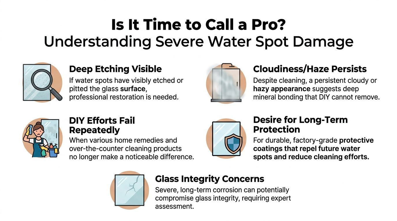 An infographic detailing signs of severe water spot damage on glass that require professional restoration services.