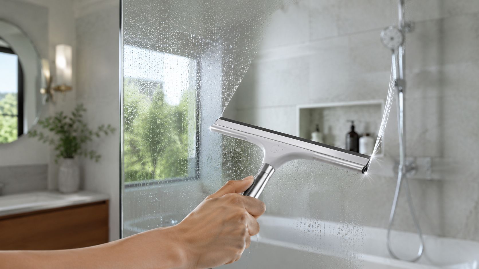 A hand uses a squeegee to remove water spots from a clear glass shower door in a bathroom.